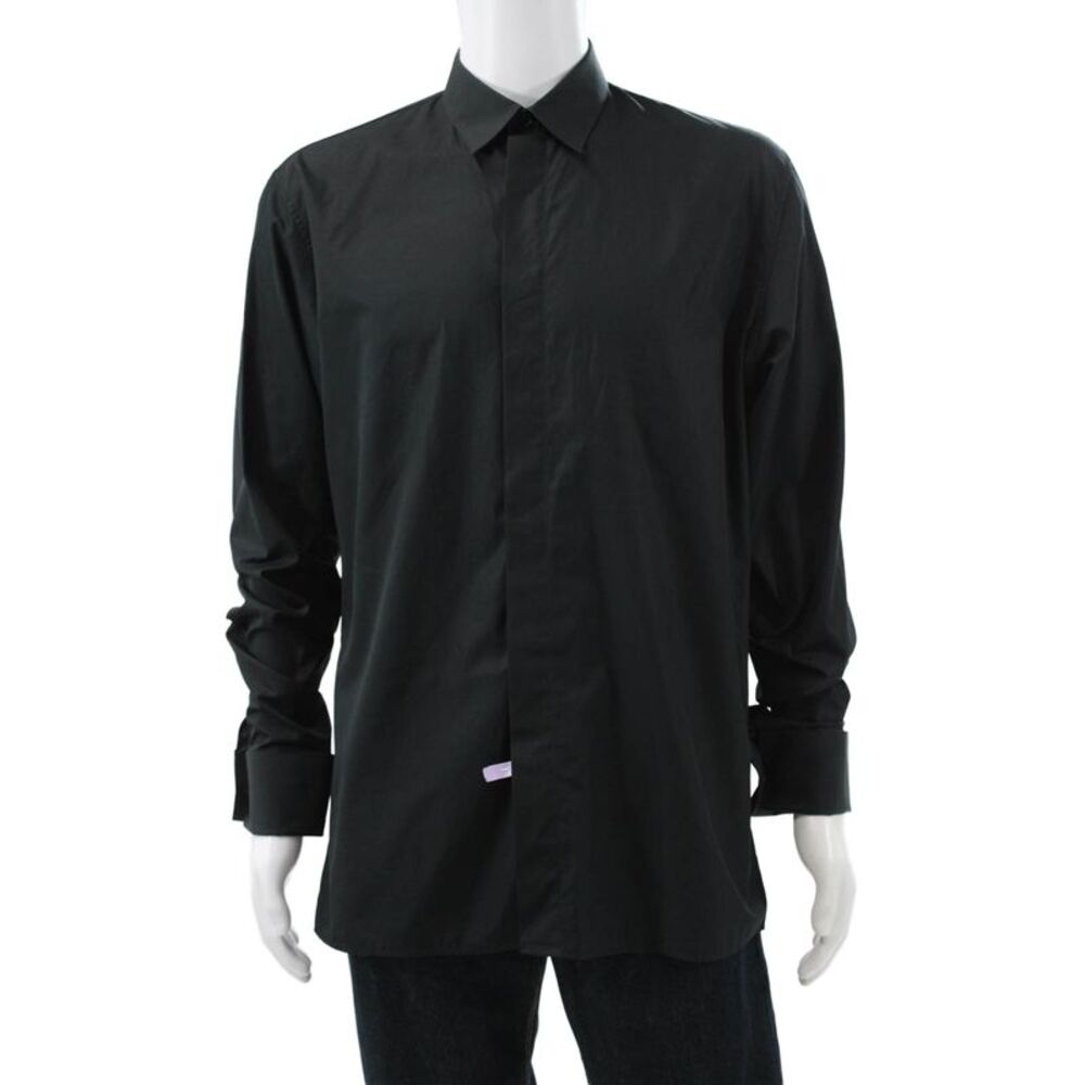 Dior Mens Button Down Shirt Black Cotton Long Sleeve Collared Size L